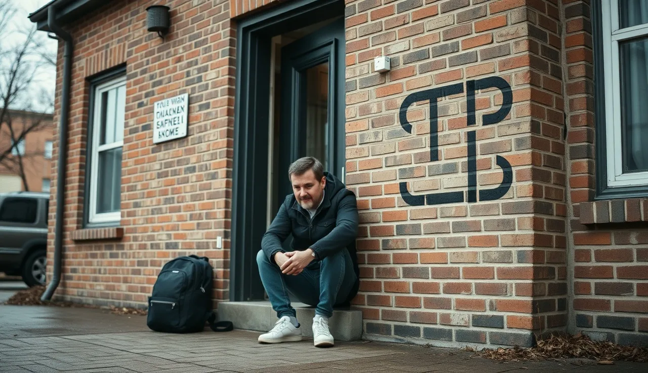 Person sitting outside with a backpack, representing homelessness and housing need