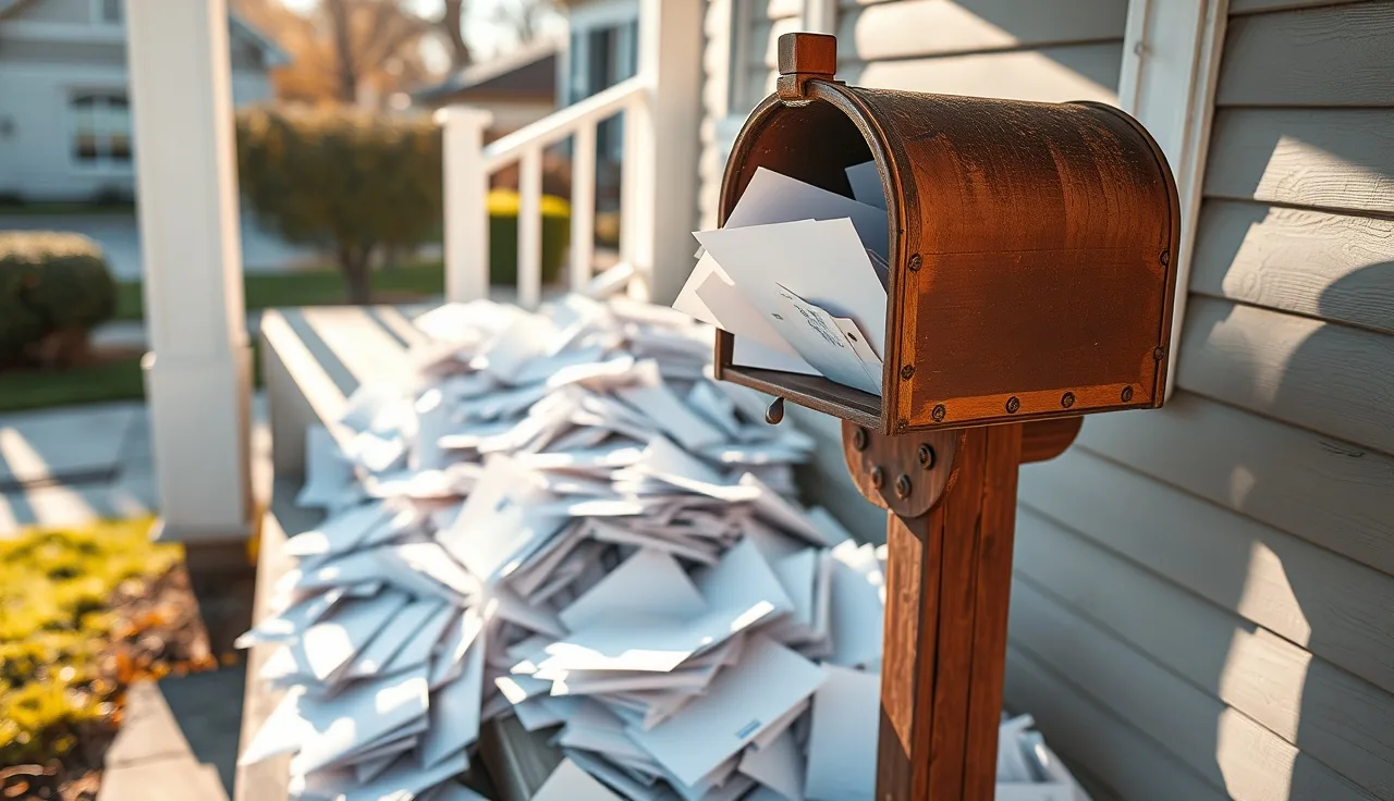 Overfull mailbox on a porch with unopened mail, suggesting a missed deadline