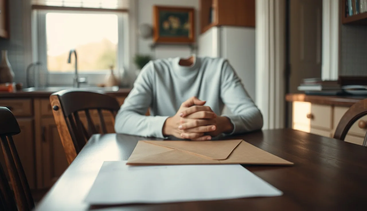 Person at kitchen table with a closed envelope related to housing application