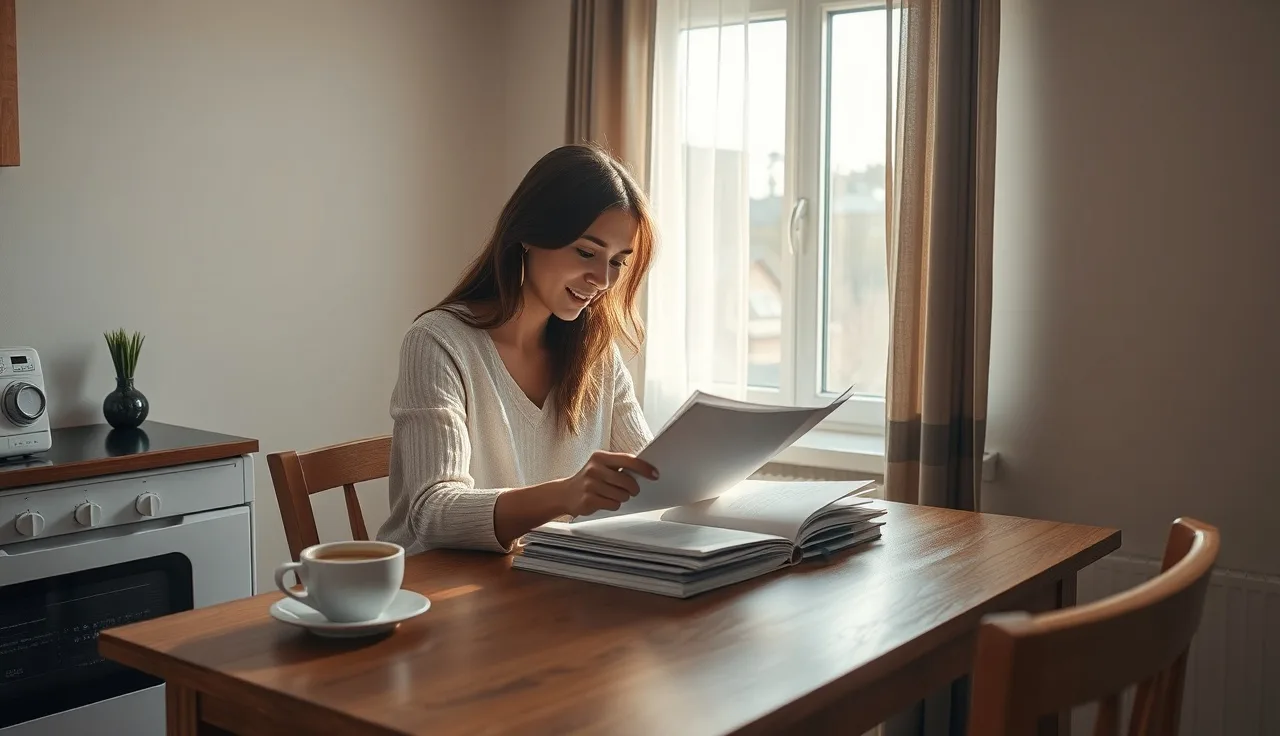 Woman reviewing housing waitlist preference documents at a kitchen table