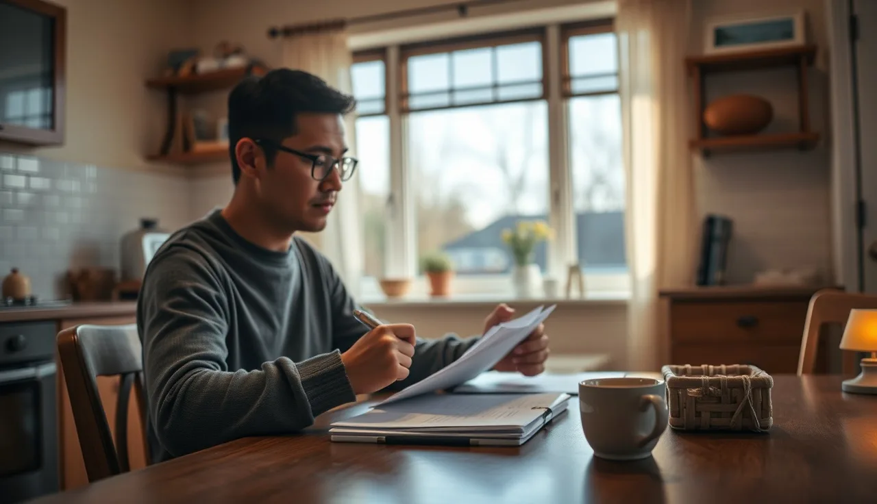 Person completing Section 8 lottery application forms at a kitchen table