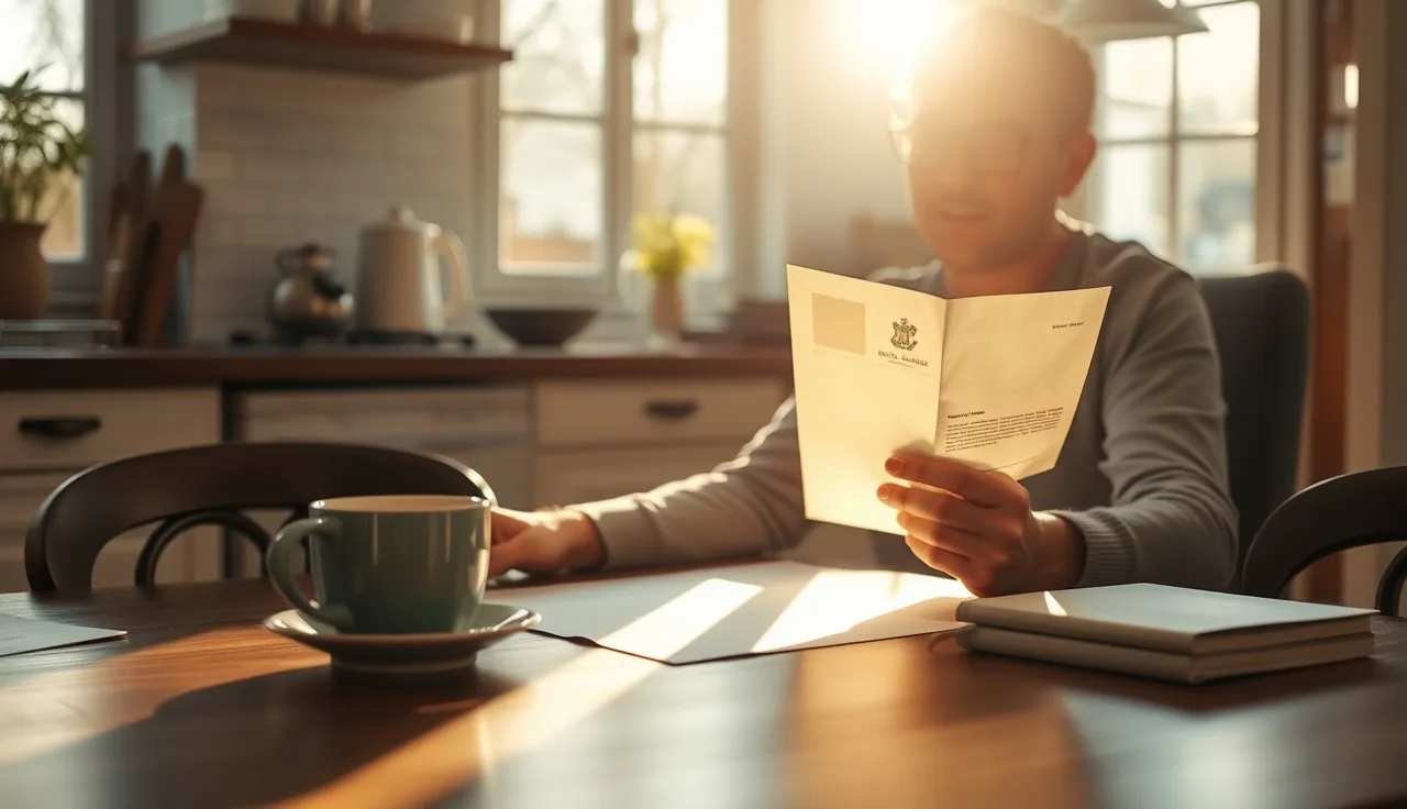 Person reading an official housing letter at a kitchen table in afternoon light
