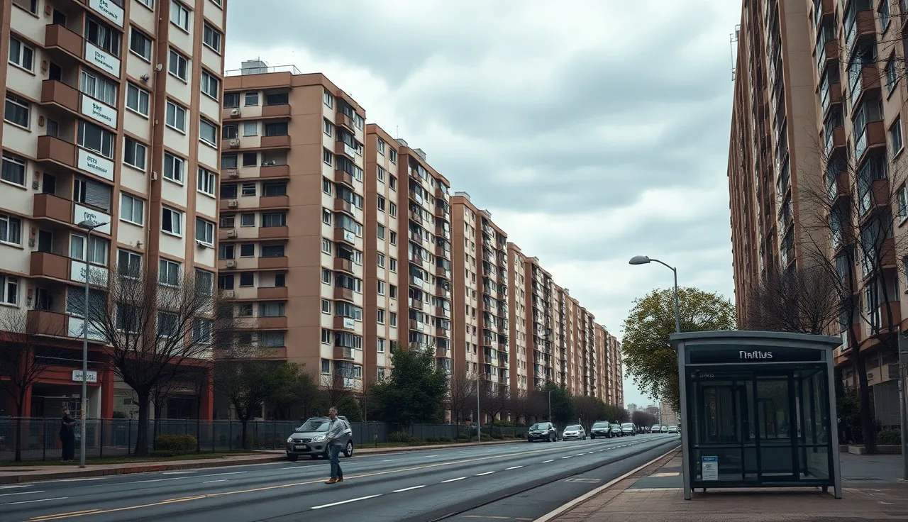 Person waiting at a bus stop looking toward a row of urban apartment buildings