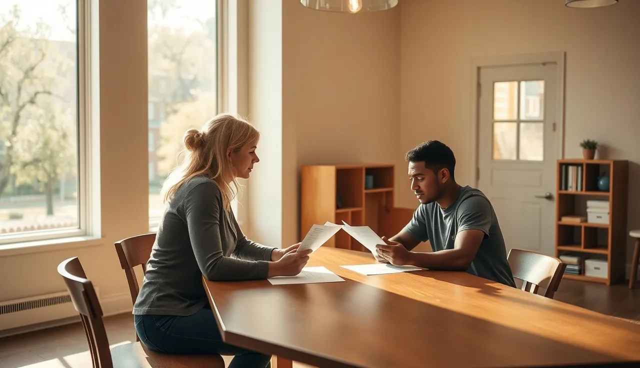 Housing coordinator meeting with tenant over paperwork at a community office table
