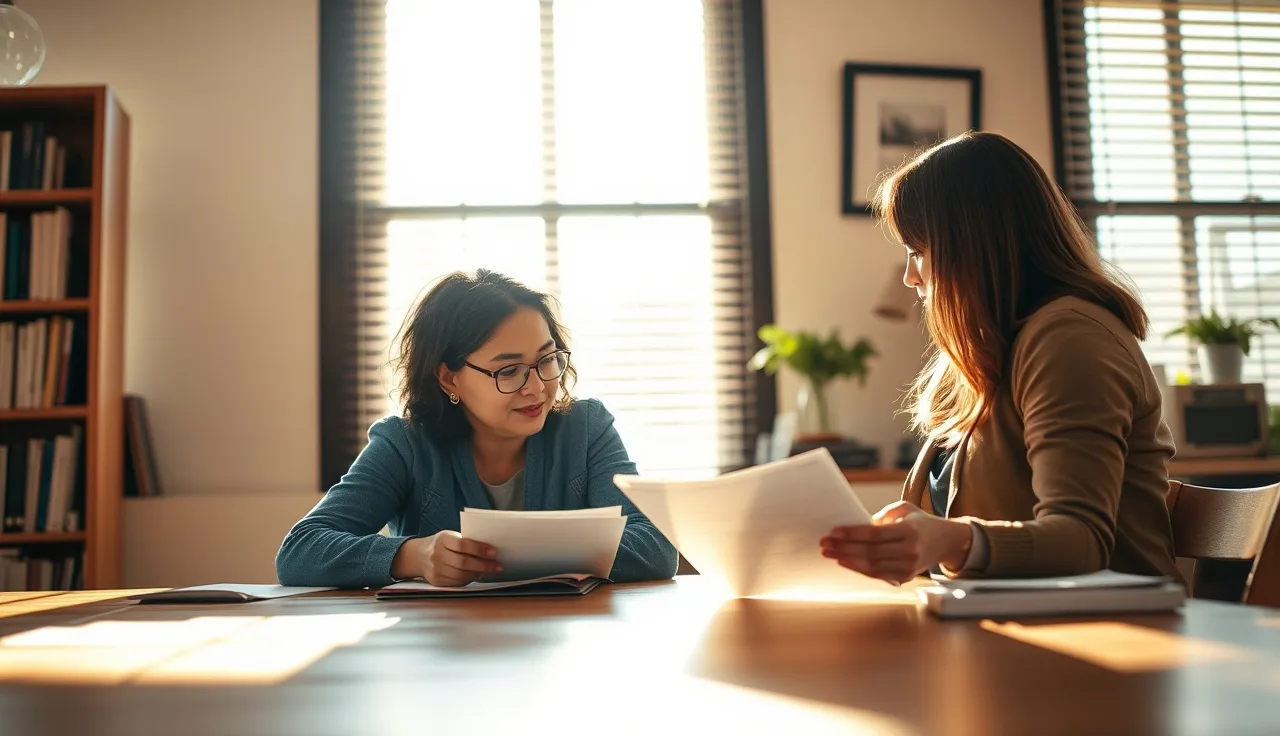 Caseworker and mother reviewing housing assistance paperwork at an office desk